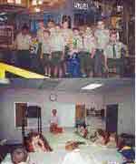 BSA Troop 182, Jacksonville, Florida; May 2001.
      Field trip to CSX Transportation rail yard, Waycross, Georgia.  
      Working on the Railroading Merit Badge.
      Top: Inside the Locmotive shop.
      Bottom: Scouts recieve a safety briefing.