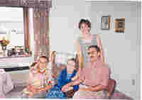 Great Grandma Dona McKee with all of the 
      Grand Children and Great-grand Children;
      (Left to Right: Devon Arbogast, Ben Weide, Dona McKee, Melissa Arbogast, Chris Weide);
      Council Bluffs, Iowa; August 1999
